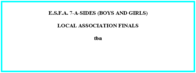 Text Box: E.S.F.A. 7-A-SIDES (BOYS AND GIRLS)LOCAL ASSOCIATION FINALSSaturday 3rd October 2009at Eltham College Junior School9.00 a.m. start
